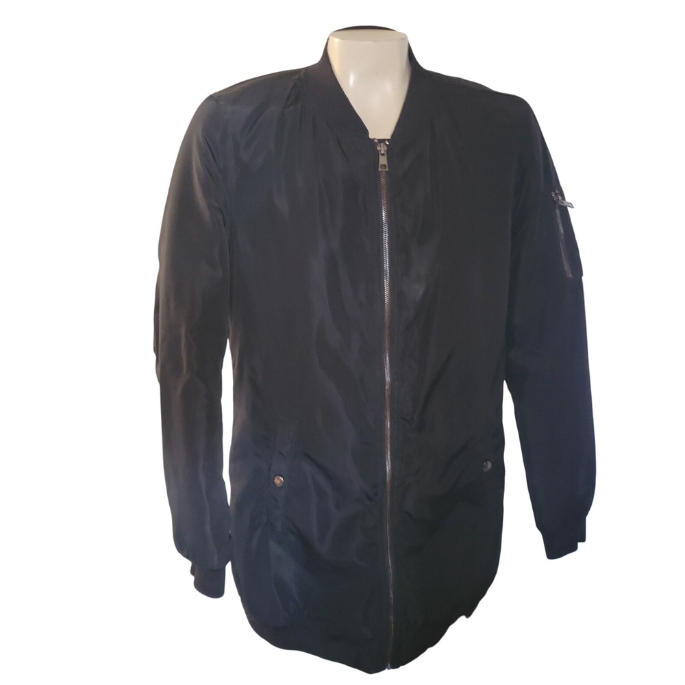 BE COOL Black Long Bomber Jacket Womens Zip Front Casual Outerwear M lightweight